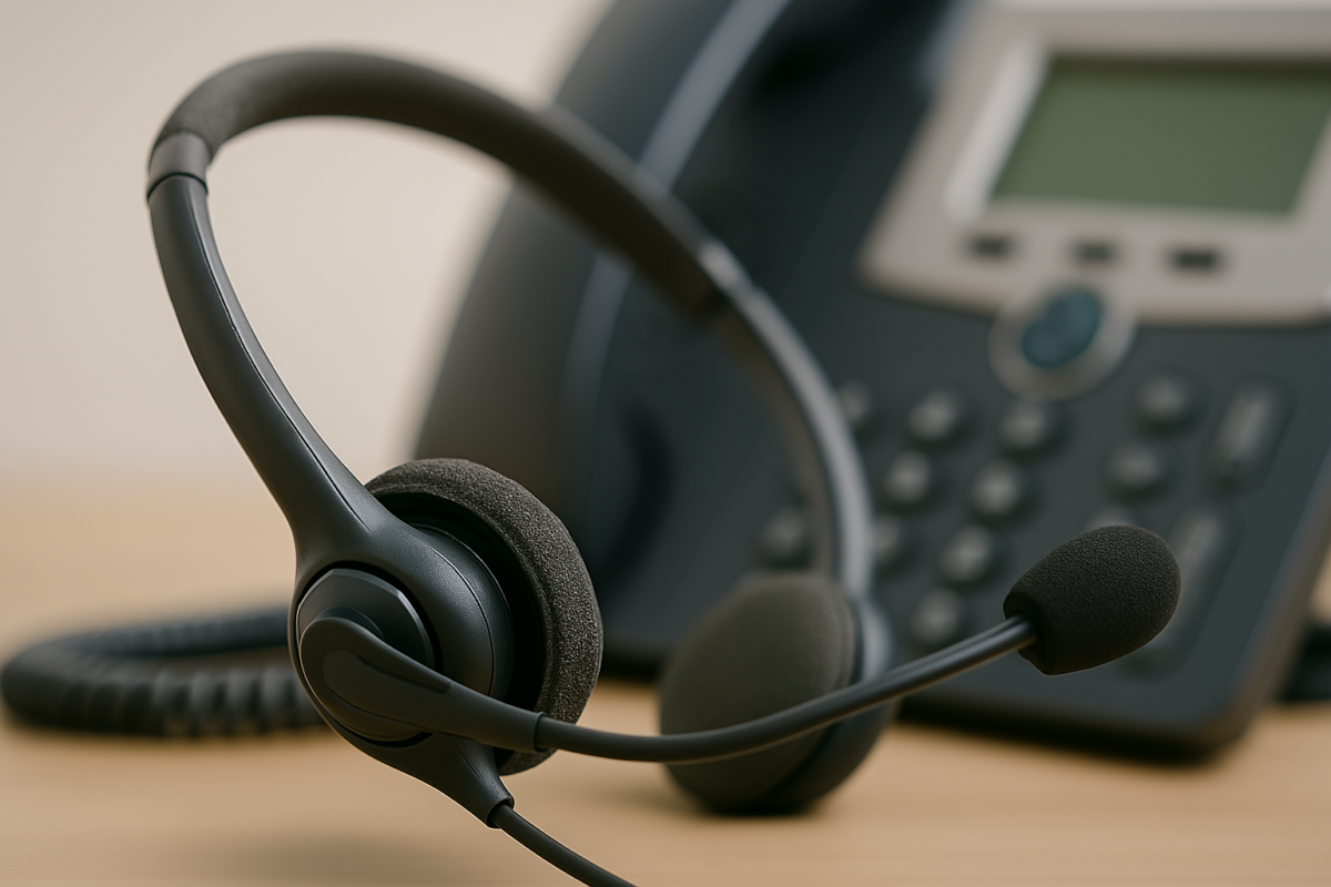 Set de căști pentru birou lângă telefon fix, simbol al serviciilor rapide de suport și consultanță.